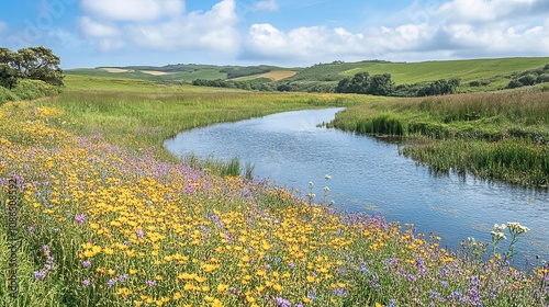 Lush riverbank with vibrant wildflowers and rolling green hills