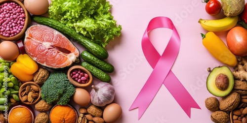 A vibrant arrangement of healthy foods surrounds a pink ribbon, symbolizing breast cancer awareness and the importance of nutrition in health.