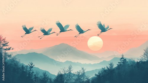 
Capture the scene of 4 cranes flying in a neat wedge formation against the soft light of dawn photo