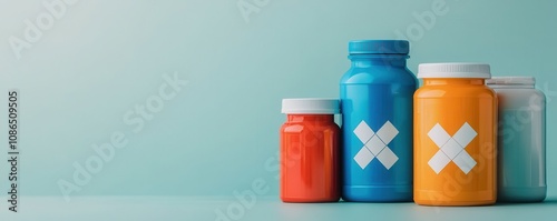 Colorful jars with bold labels, arranged aesthetically on a soft backdrop, likely representing storage for products or ingredients.