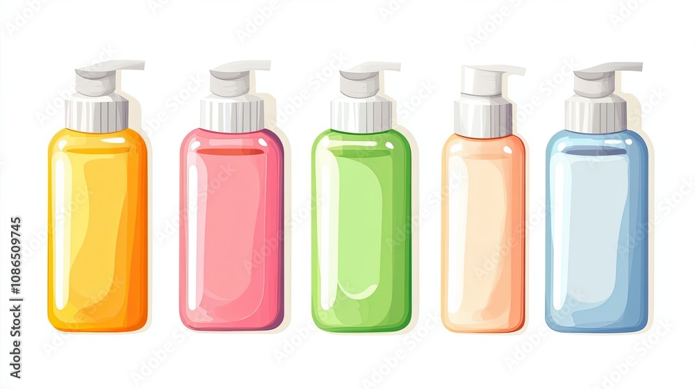 Five Colorful Pump Bottles with White Caps Five Colorful Pump Bottles with White Caps