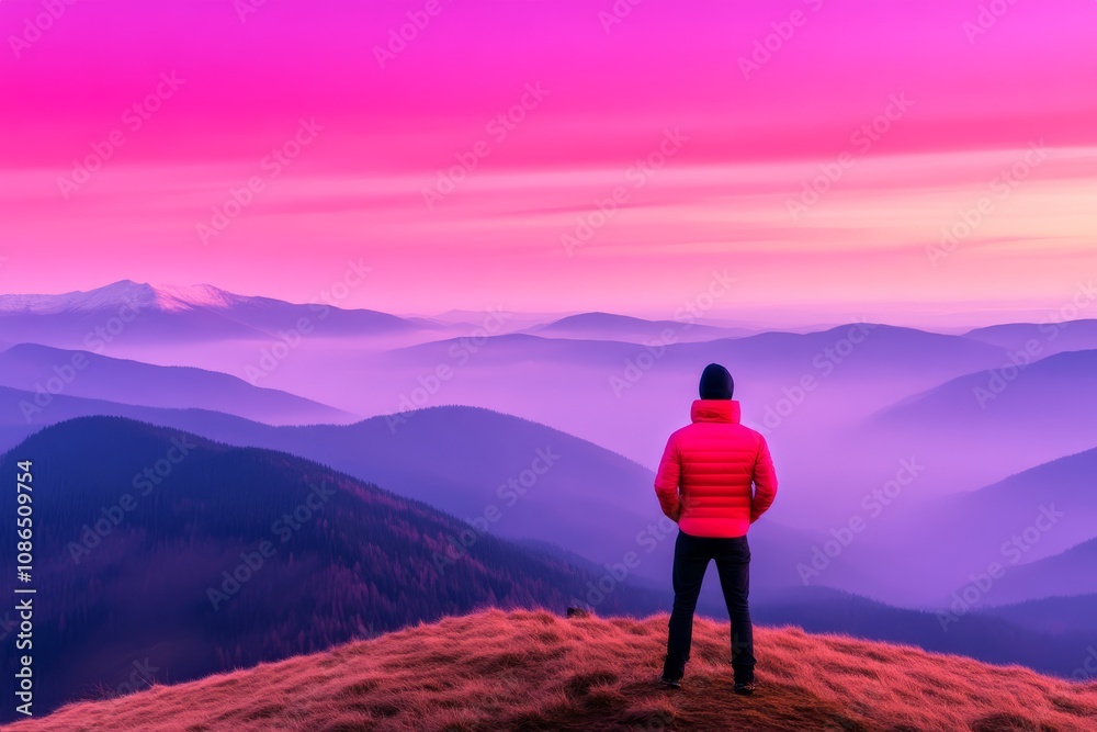 Fototapeta premium Man Admiring Breathtaking Mountain View at Sunrise