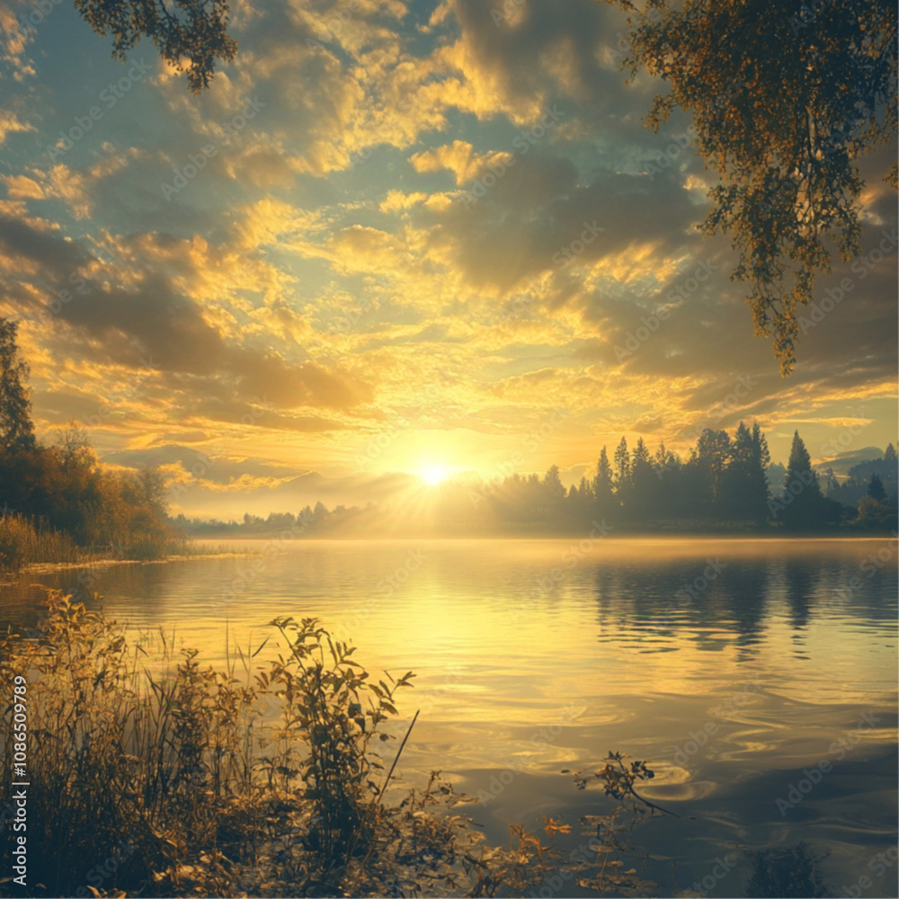 sunset over the river, calm beautiful landscape of golden time sunset over the river, calm beautiful landscape of golden time