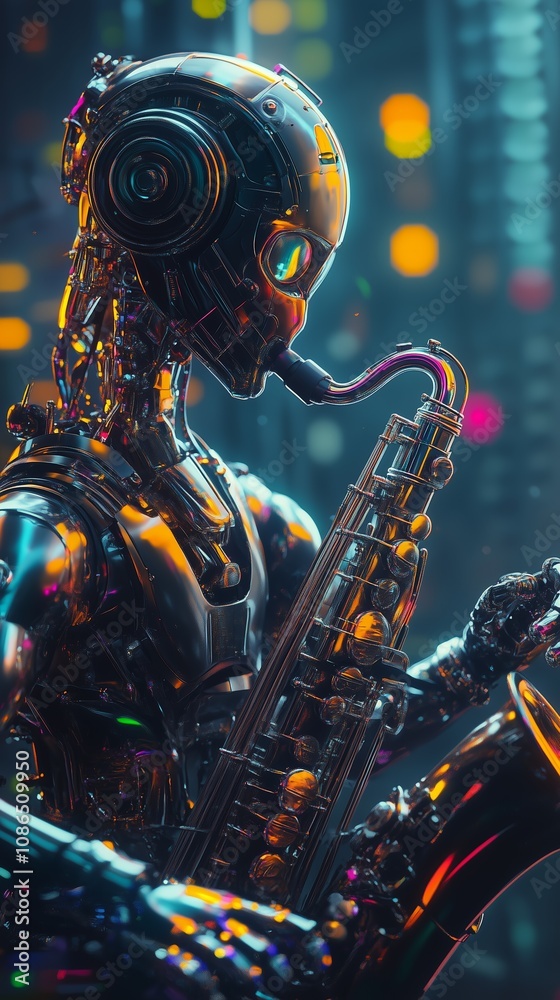 High resolution futuristic robot playing a musical instrument with neon fun graphics