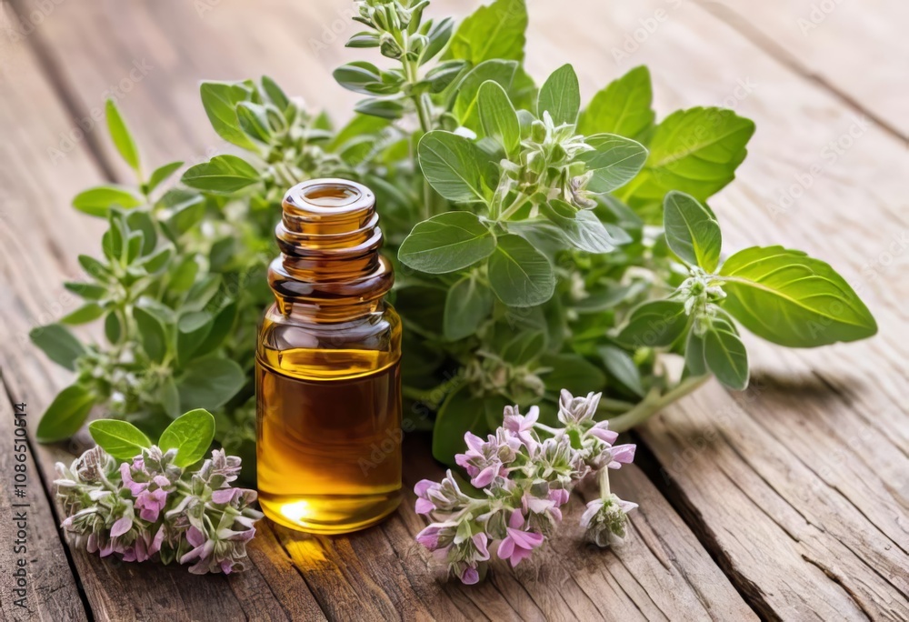 A bottle of essential oil with a sprig of fresh oregano on a wooden table