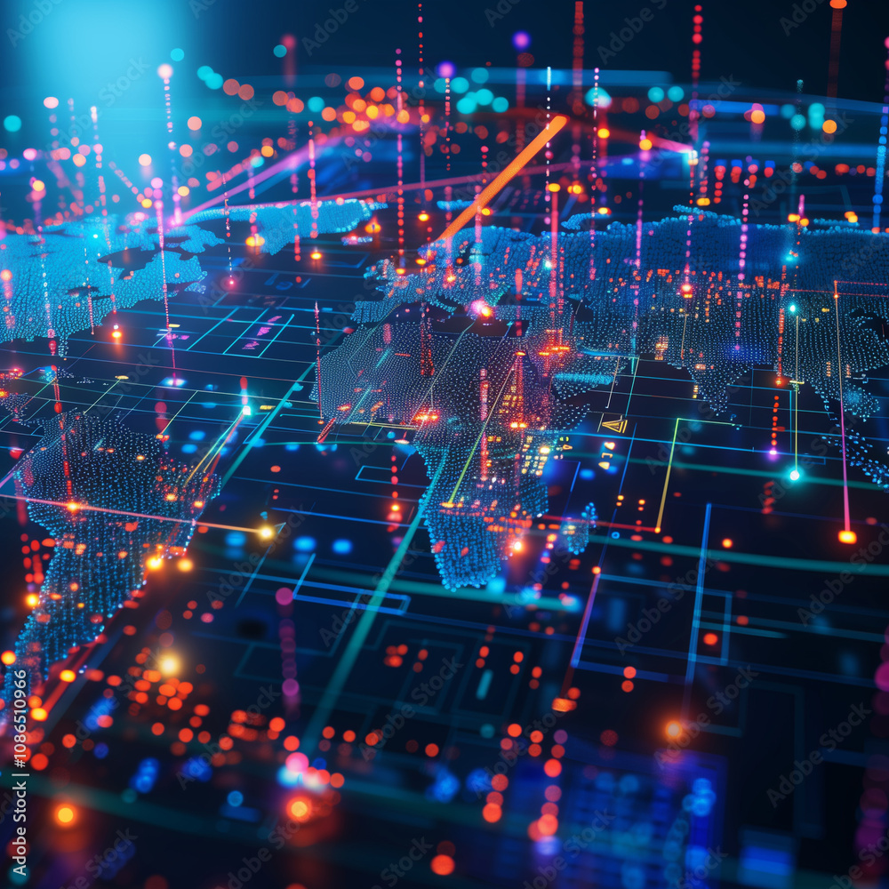 A high-resolution digital world map in a dark theme, illuminated by vibrant pinpoint lights representing customer locations. Overlayed with dynamic lines and floating equations symbolizing AI calculat A high-resolution digital world map in a dark theme, illuminated by vibrant pinpoint lights representing customer locations. Overlayed with dynamic lines and floating equations symbolizing AI calculat