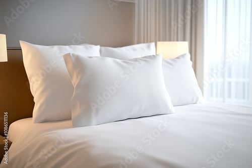 Crisp White Bedding and Pillows in a Modern Bedroom.