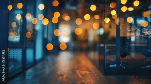 At night, a beautiful abstract blurred view of an office interior, showcasing a defocused working space with ambient lighting and a modern aesthetic.