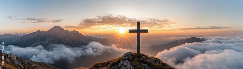 Cross silhouetted against glowing sky, mountaintop perspective, divine sunlight piercing clouds, ethereal Christian symbolism, peaceful landscape Cross silhouetted against glowing sky, mountaintop perspective, divine sunlight piercing clouds, ethereal Christian symbolism, peaceful landscape