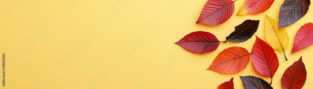Fototapeta premium Falling autumn leaves on warm yellow background, seasonal wallpaper with vibrant reds and oranges, natural fall-themed banner