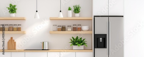 Stainless steel appliances in a modern kitchen, open shelves with neatly arranged spices, warm wooden tones, bright pendant lights, clean lines, and vibrant accents