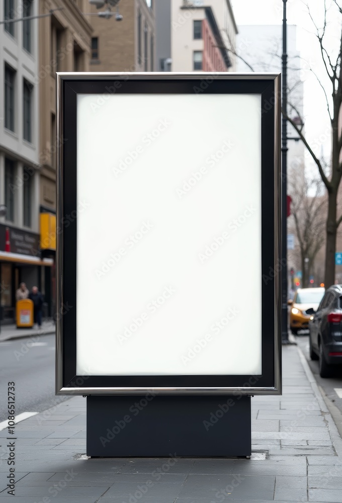 A large blank billboard stands in a busty city street, ready for advertisement or message display. A large blank billboard stands in a busty city street, ready for advertisement or message display.