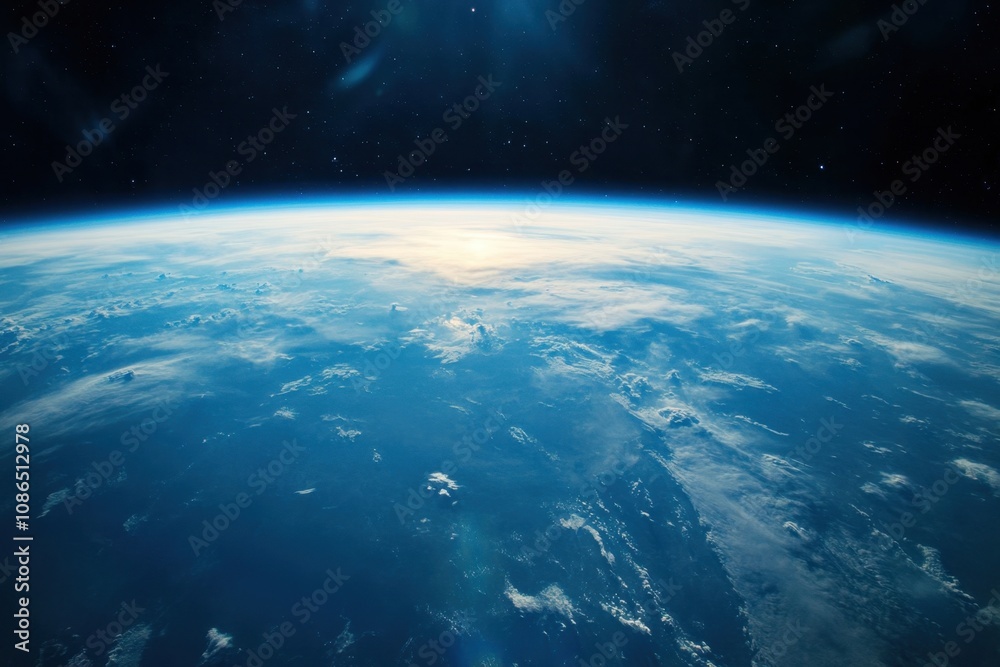 Fototapeta premium Earth from space with sun rising over horizon.