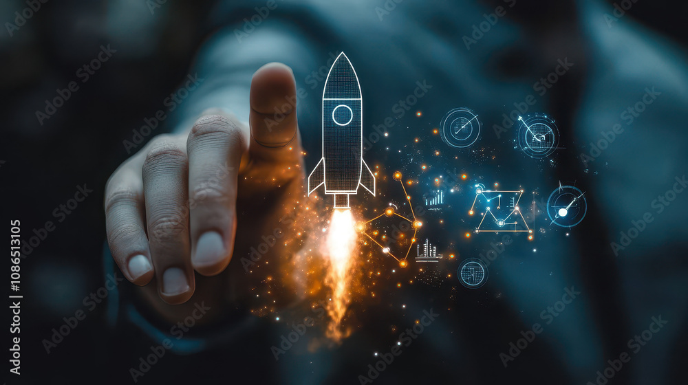 Fototapeta premium Businessman Touching Rocket Launch Button