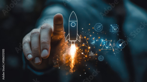 Businessman Touching Rocket Launch Button