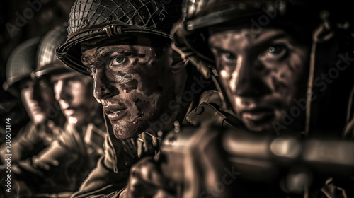 Cinematic of World War II soldiers. Military operation and War Concept. Generative Ai. photo