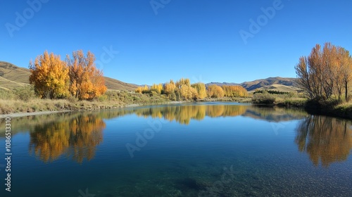 Tranquil river reflecting autumn foliage under clear blue sky