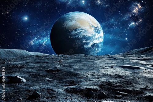 Earth rises over a barren, rocky lunar landscape, with a starry sky as backdrop.