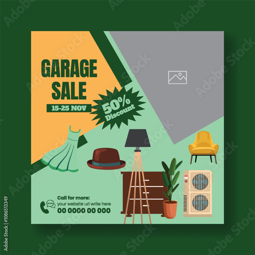 Modern editable Garage sale social media post banner ad template, Yard sale web banner, Flea market sale post, clothes, furniture, living room accessories vector illustration background design
