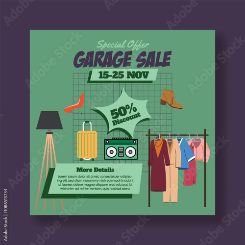 Modern editable Garage sale social media post banner ad template, Yard sale web banner, Flea market sale post, clothes, furniture, living room accessories vector illustration background design