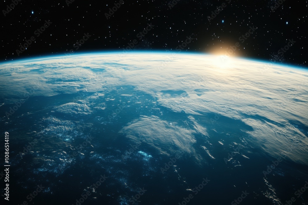 Obraz premium Earthrise over a dark blue ocean with the sun peeking over the horizon.