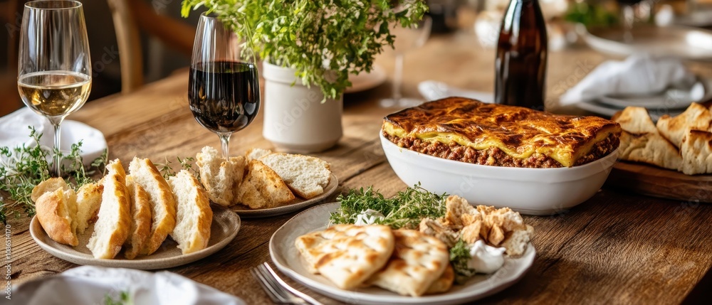A beautifully arranged table featuring savory dishes, fresh herbs, and wine, perfect for a cozy gathering with friends or family. A beautifully arranged table featuring savory dishes, fresh herbs, and wine, perfect for a cozy gathering with friends or family.