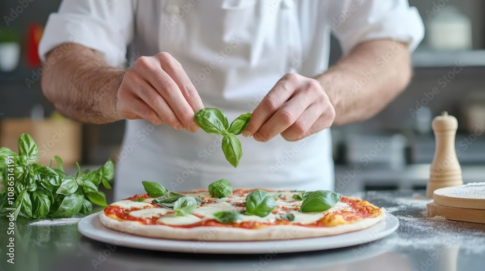 A chef prepares a fresh Margherita pizza by adding basil leaves, showcasing culinary artistry and vibrant ingredients. A chef prepares a fresh Margherita pizza by adding basil leaves, showcasing culinary artistry and vibrant ingredients.
