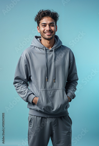 Portrait of a young Indian man in grey hoodie and pants