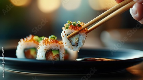 A close-up of sushi rolls being picked up with chopsticks, showcasing vibrant colors and textures on a dark plate. photo