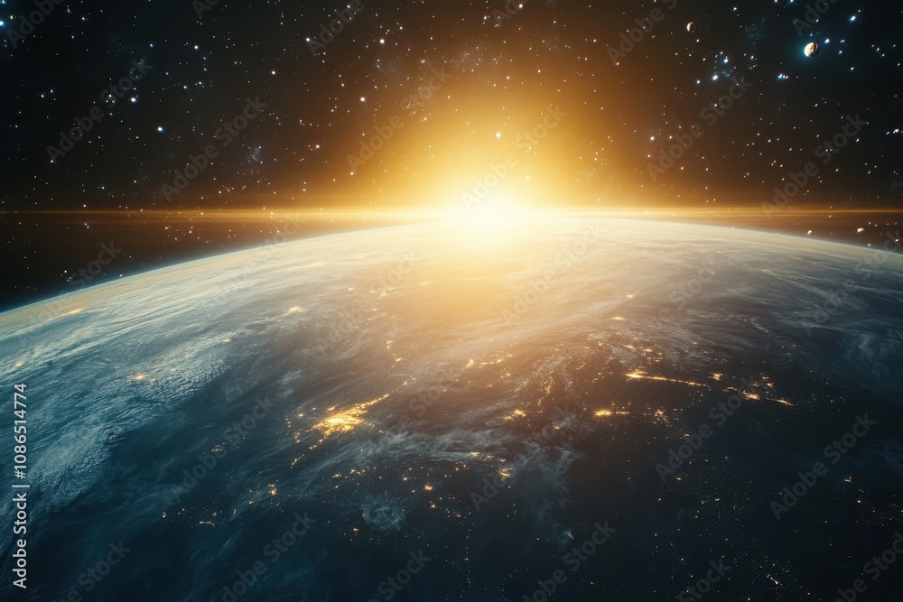 Earthrise with a golden sunrise over the horizon, seen from space. Earthrise with a golden sunrise over the horizon, seen from space.