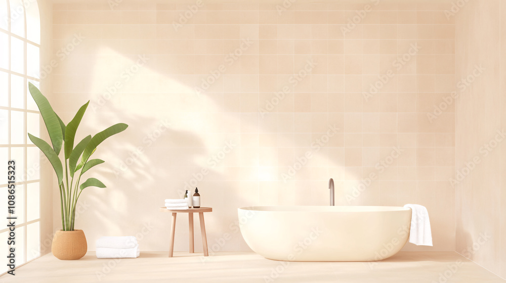 Fototapeta premium A spacious and elegant spa interior with a clean modern design, including a freestanding bathtub, a rain shower, and neutral-toned tiles. The setting features subtle lighting and decorative elements