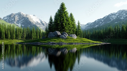 Serene mountain landscape with a reflective lake and pine trees.