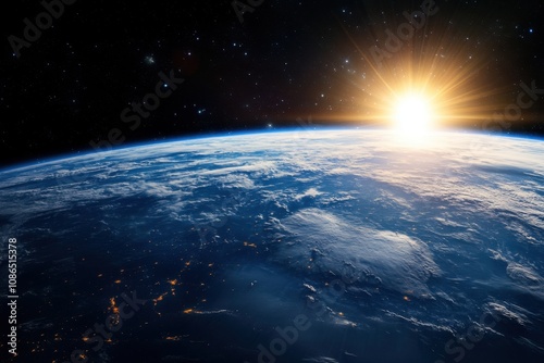Earthrise with sun shining in space.