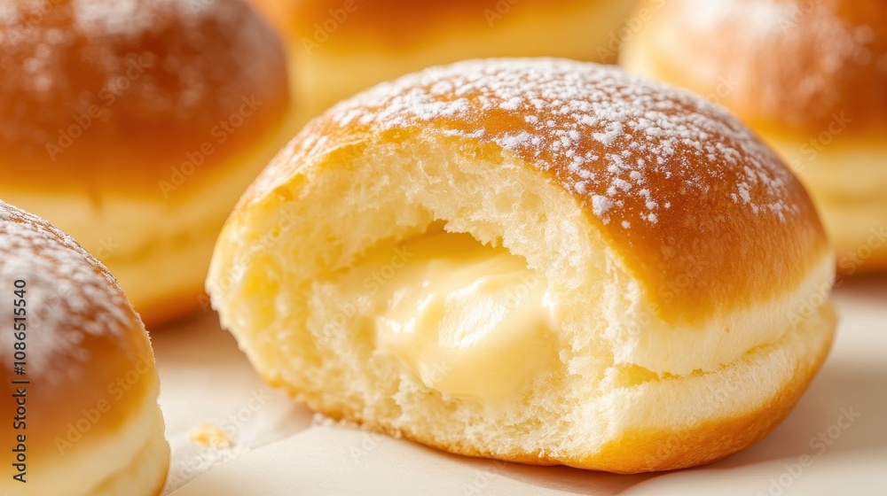 Delicious cream-filled doughnuts with powdered sugar, perfect for a sweet treat or dessert indulgence.