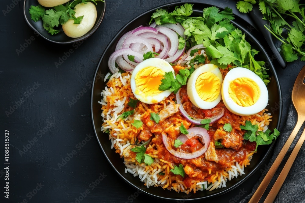 Delicious plate of biryani with boiled eggs, herbs, and spices, showcasing vibrant colors and appetizing presentation. Delicious plate of biryani with boiled eggs, herbs, and spices, showcasing vibrant colors and appetizing presentation.