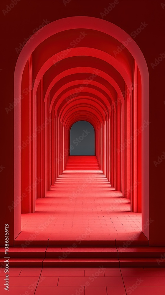 A striking corridor featuring red arches creating a dramatic effect. A striking corridor featuring red arches creating a dramatic effect.