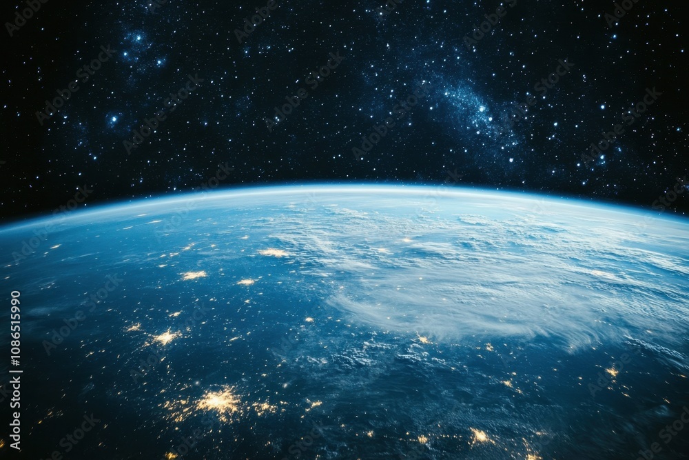 Obraz premium Earth's horizon with twinkling lights and a starry sky above.