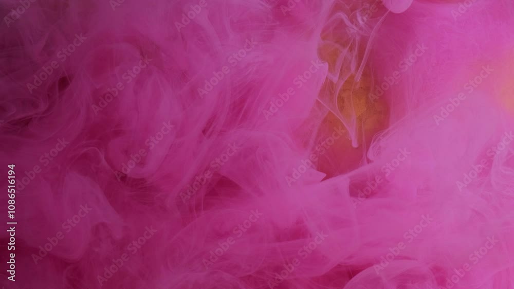 Glitter mist. Paint water splash. Defocused pink color vapor cloud shiny particles texture ink floating on modern abstract art background.