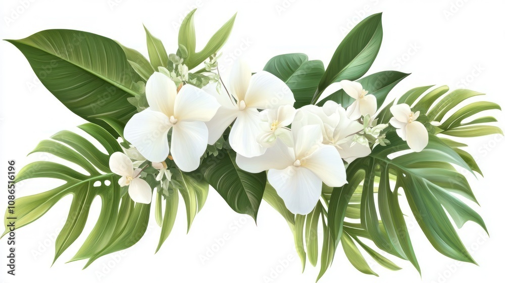 Fototapeta premium A cluster of white tropical flowers surrounded by lush green leaves, arranged horizontally.