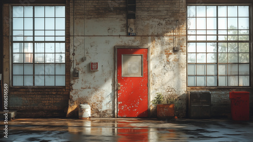 Weathered industrial building interior with red metal door, large factory windows, and distressed brick walls reflecting morning light. Concept of urban decay, architecture, and industrial heritage photo