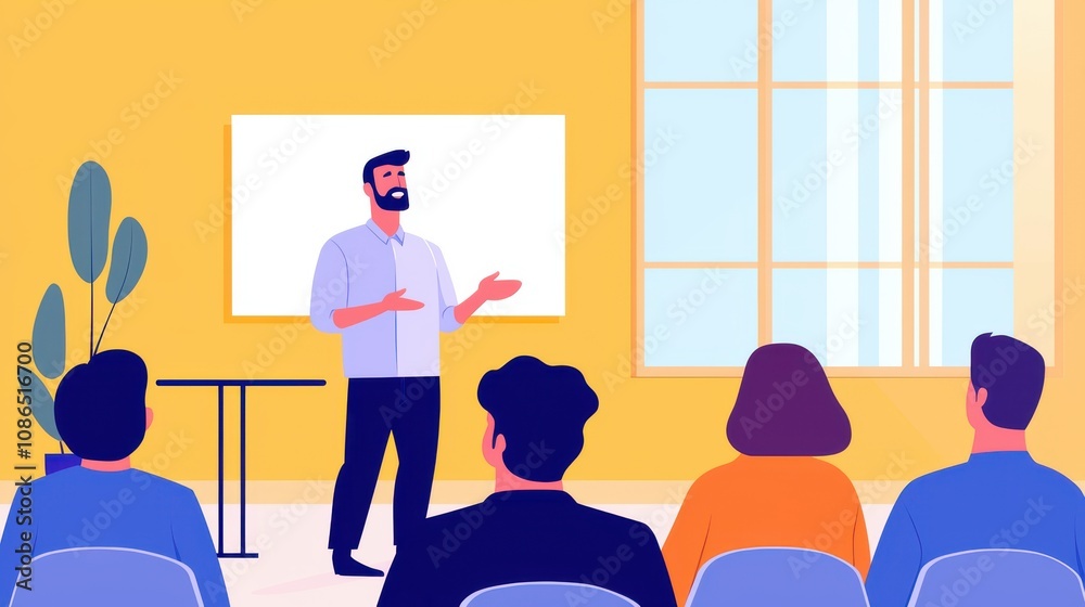 A speaker presenting in a brightly lit room with an audience, featuring a whiteboard, plants, and a modern aesthetic, public speaker. A speaker presenting in a brightly lit room with an audience, featuring a whiteboard, plants, and a modern aesthetic, public speaker.