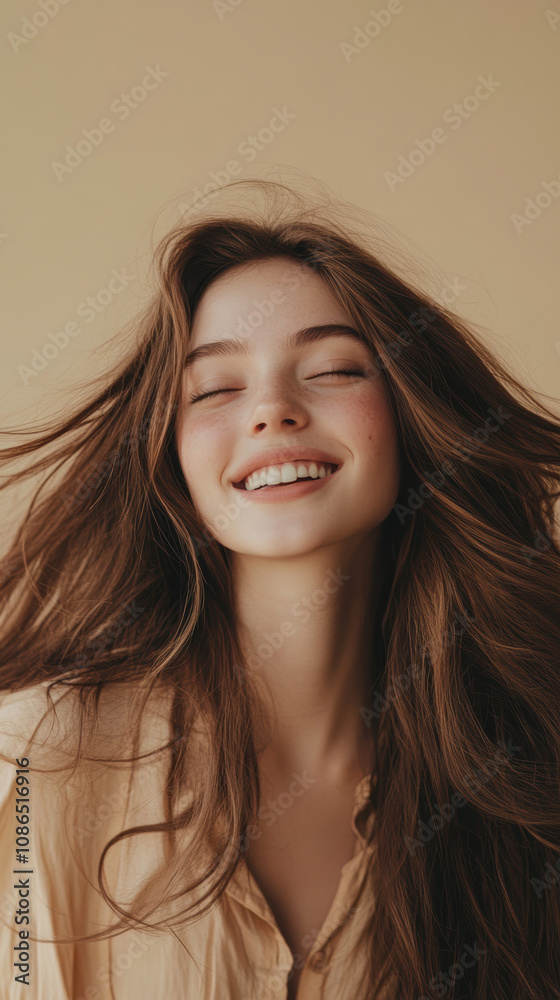 Portrait of young woman with long hair, radiating joy and health, against soft beige background Portrait of young woman with long hair, radiating joy and health, against soft beige background
