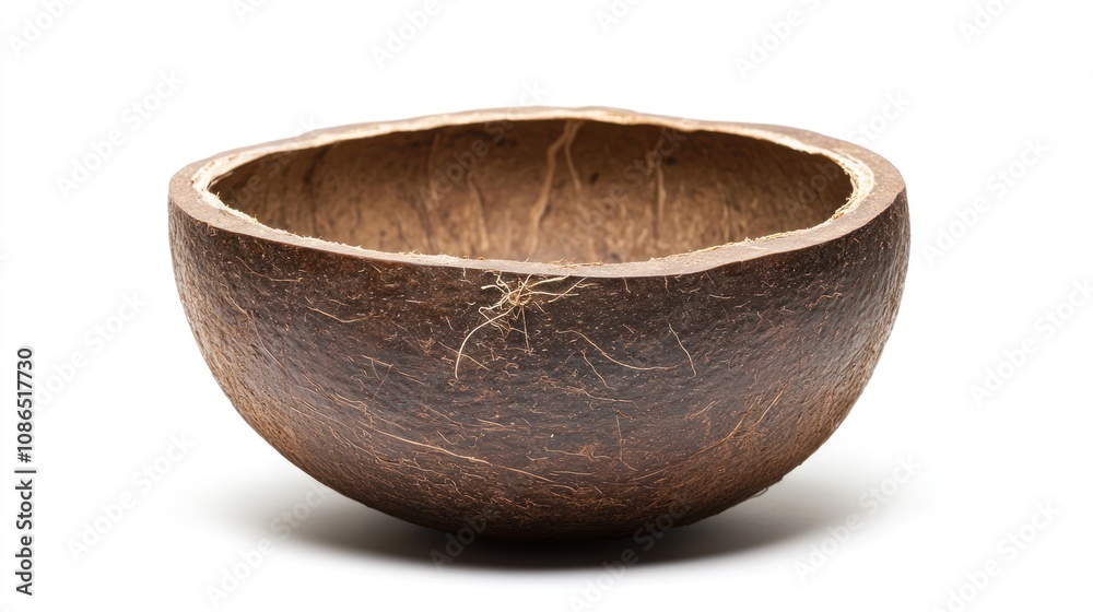 A natural coconut bowl with a smooth, polished surface and visible fibrous texture, isolated on a white background. A natural coconut bowl with a smooth, polished surface and visible fibrous texture, isolated on a white background.