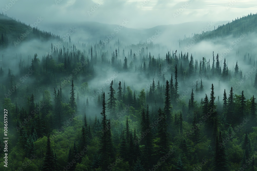 A thick blanket of fog covers a dense evergreen forest. A thick blanket of fog covers a dense evergreen forest.