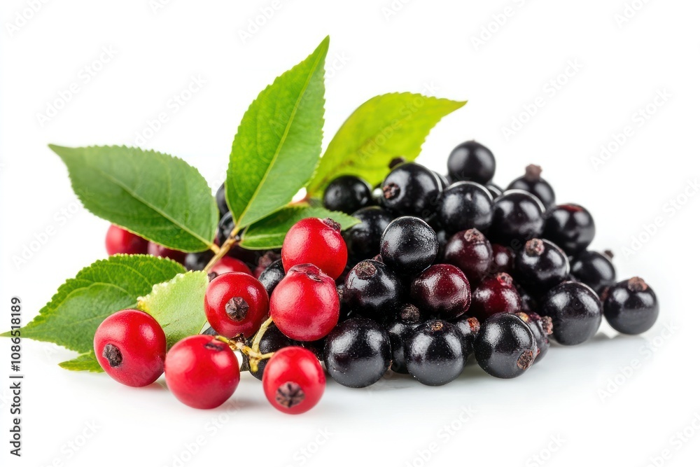 A pile of fresh, ripe black elderberries with a few red berries and green leaves against a white background. A pile of fresh, ripe black elderberries with a few red berries and green leaves against a white background.