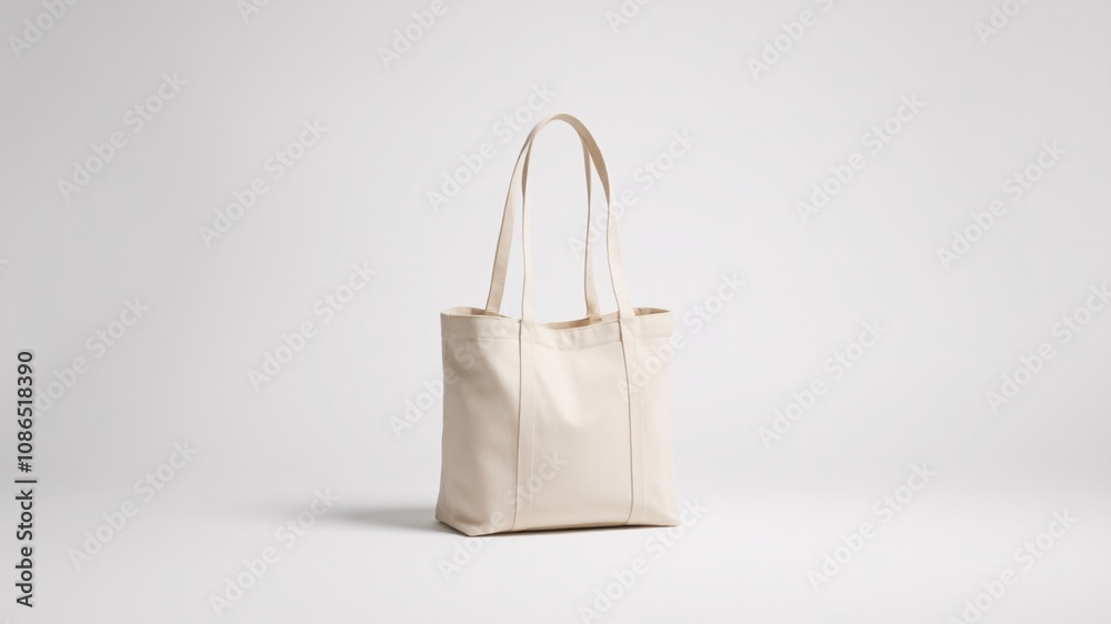 Plain cream canvas tote bag standing upright with extended handles in a minimalistic studio. Dramatic lighting highlights fabric texture, folds, and soft shadows against a seamless white background. Plain cream canvas tote bag standing upright with extended handles in a minimalistic studio. Dramatic lighting highlights fabric texture, folds, and soft shadows against a seamless white background.
