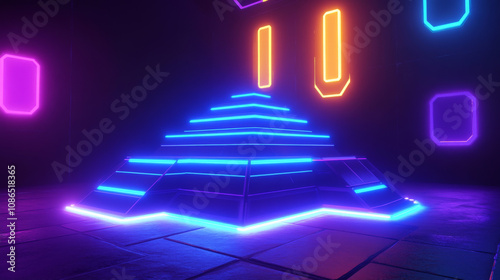 A pyramid of glowing blue and purple neon lights sits in a dark room. The floor and ceiling are hexagonal.