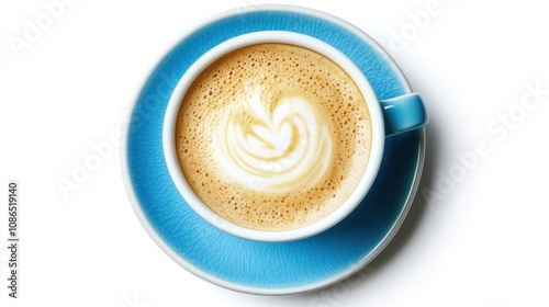 A cup of cappuccino with a heart-shaped latte art on top of a blue saucer.
