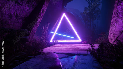 A glowing purple, blue, and pink neon triangle shines in a dark, futuristic tunnel. The scene is 3D-rendered, showing a concrete, reflective path leading into a virtual reality gate.