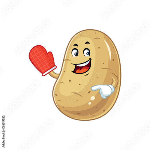 Happy Potato Cartoon Mascot Wearing Oven Mitt.